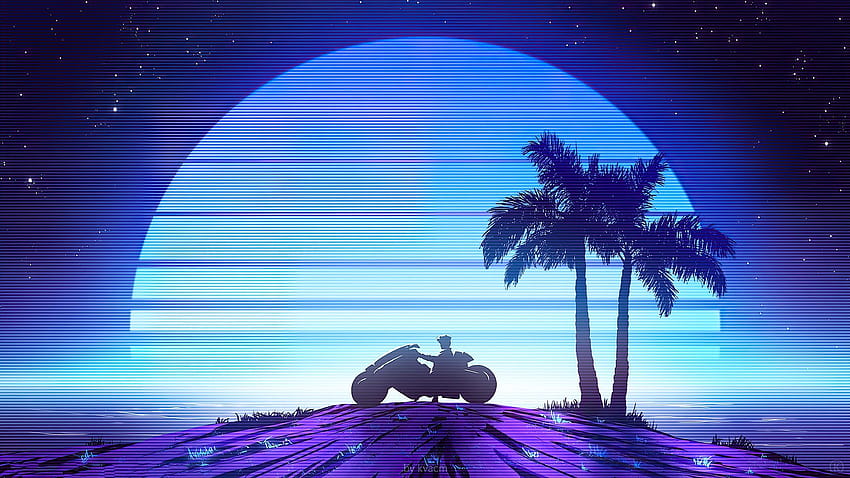 Synthwave Retro Sunset Beach, puesta de sol retro para juegos fondo de pantalla