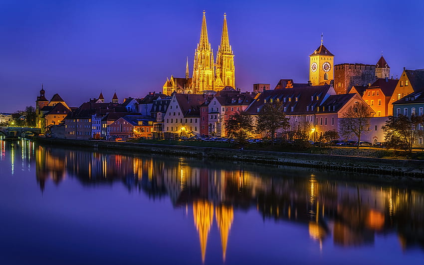 Germany Regensburg Street Night Coast Rivers Cities 2880x1800 HD wallpaper