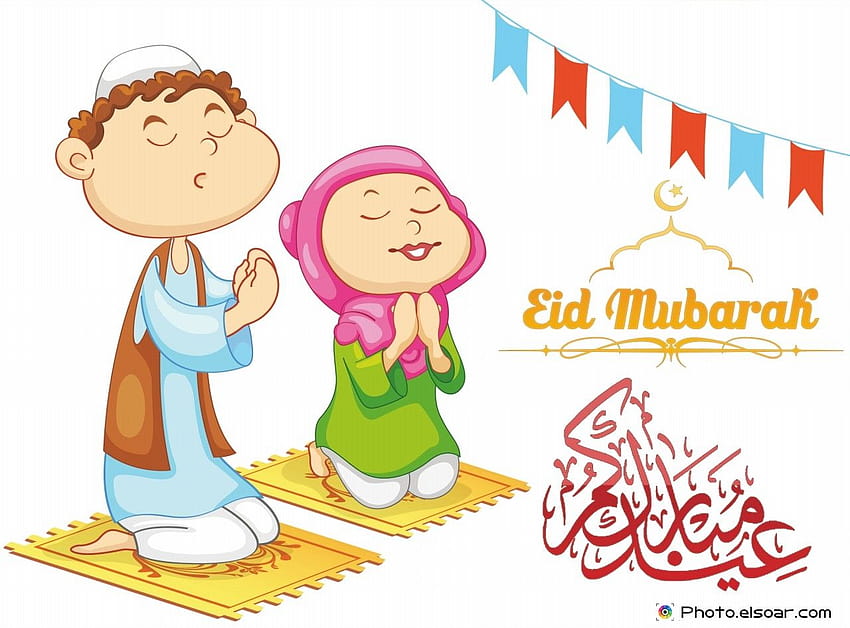 8 designs: Eid Mubarak 2018 com pessoas engraçadas de desenho animado, rezando em desenho animado papel de parede HD