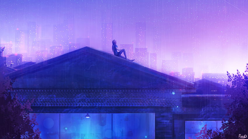 Girl , Rooftop, Looking up at Sky, House, Home, Dream, Fantasy, anime scenery night HD wallpaper
