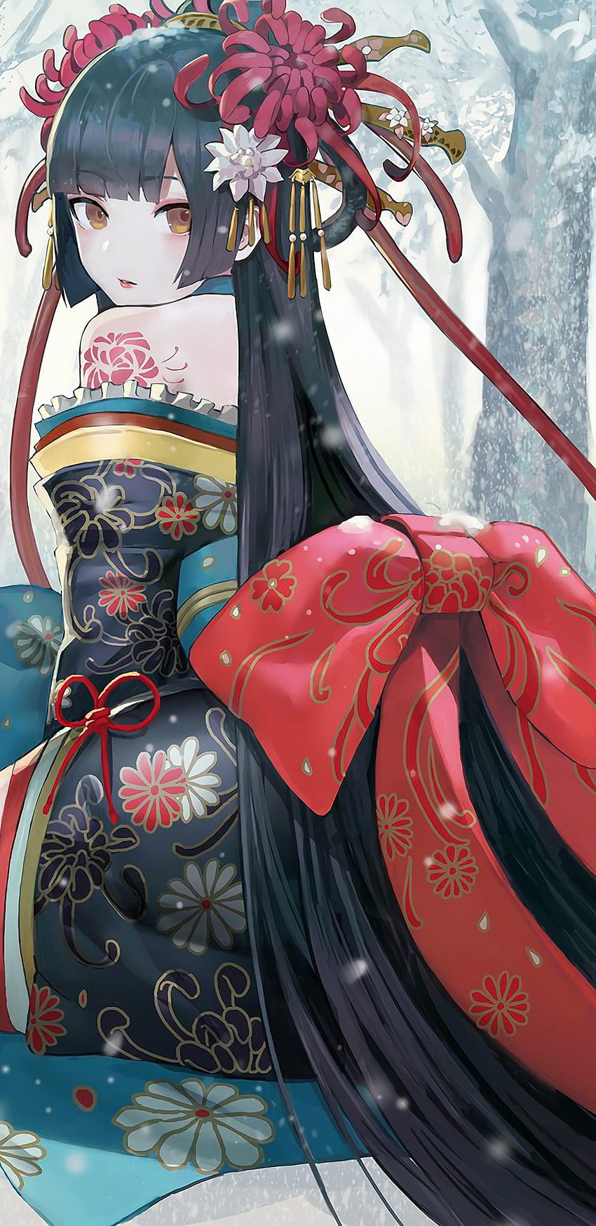 Kimono Anime Girl Nevando, anime pakai kimono fondo de pantalla del teléfono