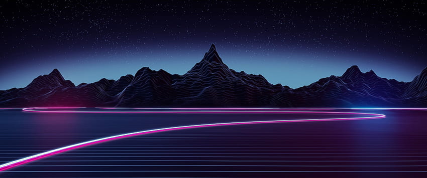 3440x1440 Synthwave, Landscape, Neon Light, Mountain, retrowave pc HD wallpaper