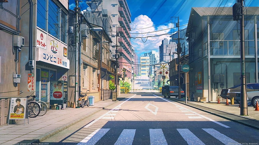 1366x768 Anime Straße, Landschaftlich, Gebäude, Fahrrad, Fahrradästhetik HD-Hintergrundbild
