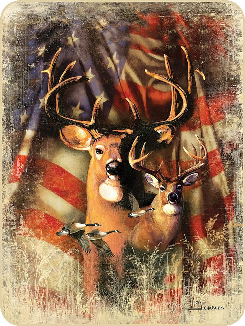 Regal Comfort Plush Patriotic Buck & Doe Deer Throw Blanket ขนแกะแคชเมียร์ ธงกวาง วอลล์เปเปอร์โทรศัพท์ HD
