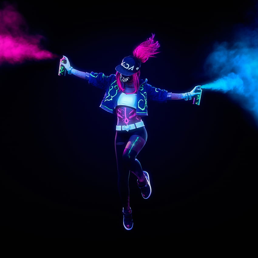 KDA , League of Legends, Neon, Smoke, Black background, Graphics CGI, neon dance HD phone wallpaper