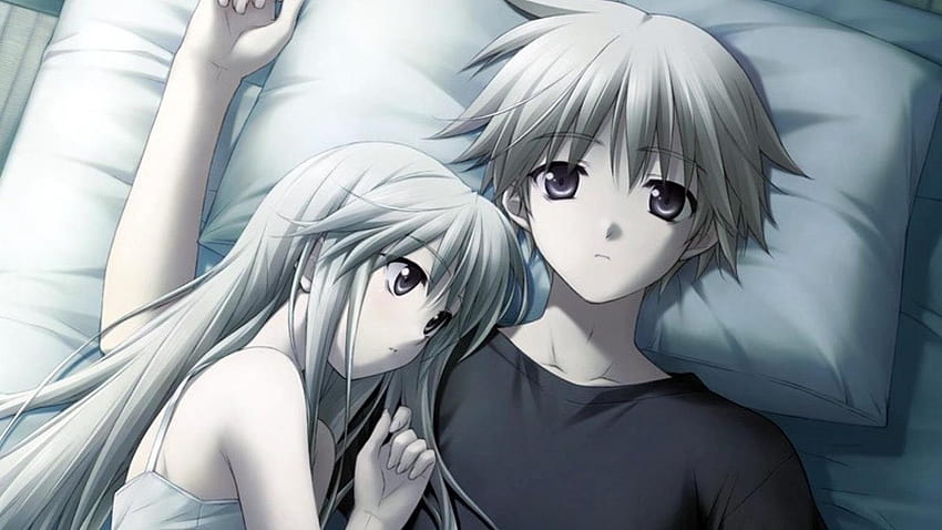1366x768 anime, couple, love, bed tablet, love anime HD wallpaper