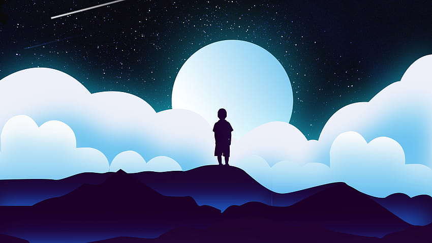 Boy , Kid, Alone, Silhouette, Moon, Night, Clouds, Illustration, Starry sky, Fantasy, moon and boy HD wallpaper