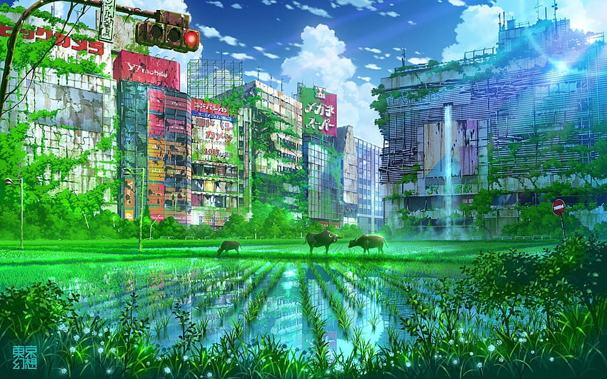1920x1200 Anime Apokalipsa, Ruiny, Zielony, Byk, Sceniczny, Budynki dla MacBooka Pro 17 cali, zielona sceneria anime Tapeta HD