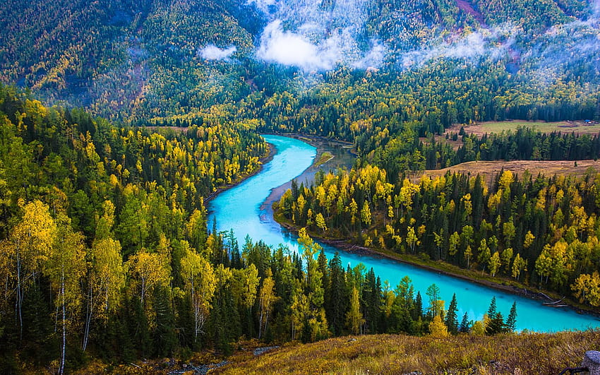 Asia, hutan, Danau Kanas, danau biru, pegunungan, Xinjiang, Cina dengan resolusi 1920x1200. Kualitas tinggi Wallpaper HD