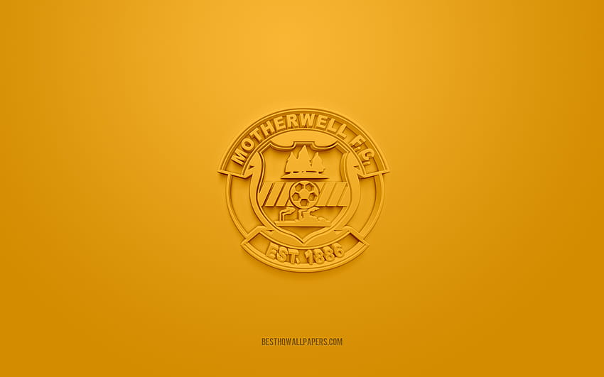 Motherwell FC, creative 3D logo, yellow background, 3d emblem, Scottish football club, Scottish Premiership, Motherwell, Scotland, 3d art, football, Motherwell FC 3d logo with resolution 2560x1600. High Quality HD wallpaper