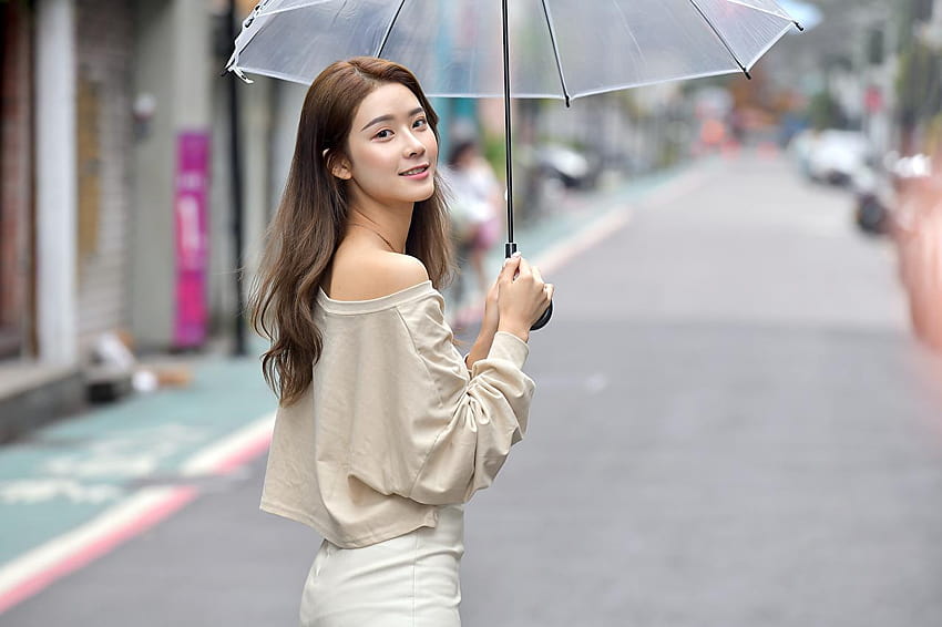 Guarda-chuva de rua asiática Bokeh Girls de cabelos castanhos, garota de rua papel de parede HD