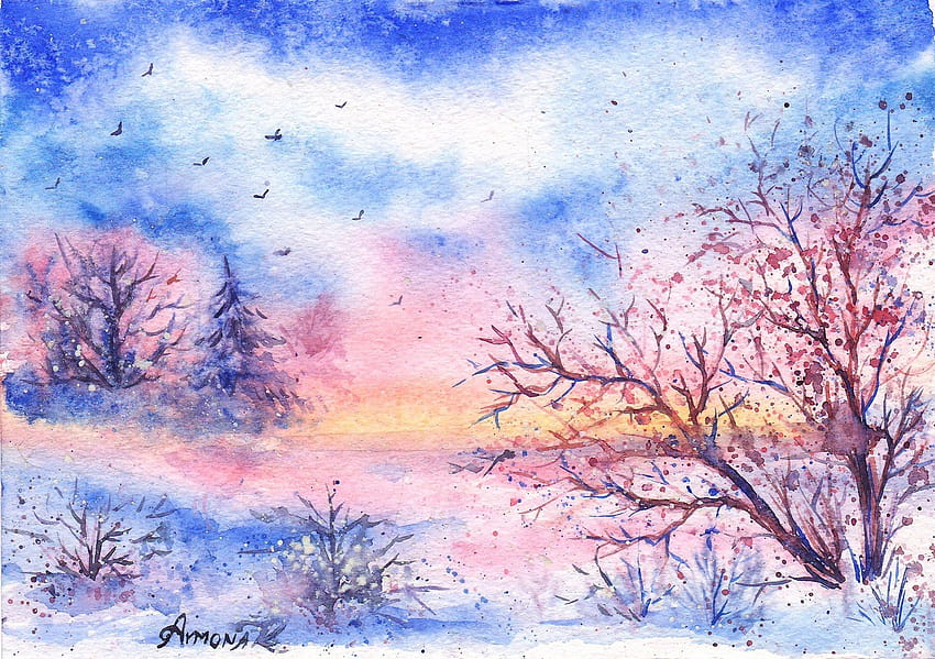 zima, śnieg, drzewa, ptaki, akwarela, namalowany pejzaż, przekrój malowania w rozdzielczości 1920x1354, zimowa akwarela Tapeta HD