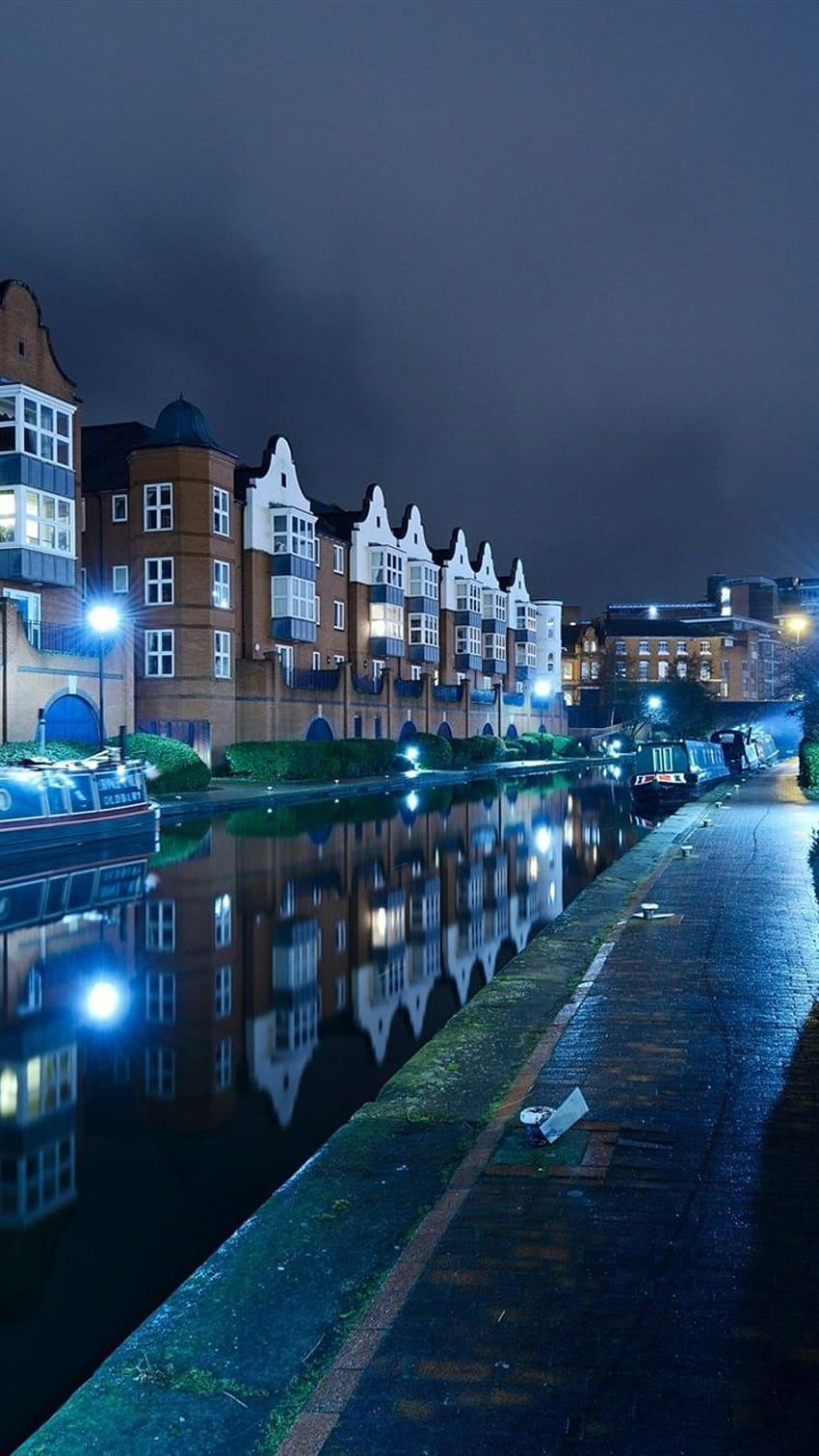England, Birmingham, river, boats, night, lights 750x1334 iPhone 8 HD phone wallpaper