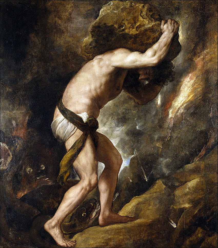 Sisyphus by the Venetian master painter Titian, 1548-49, from the collection at the Prado Museum (Museo del Prado) in Madrid, Spain