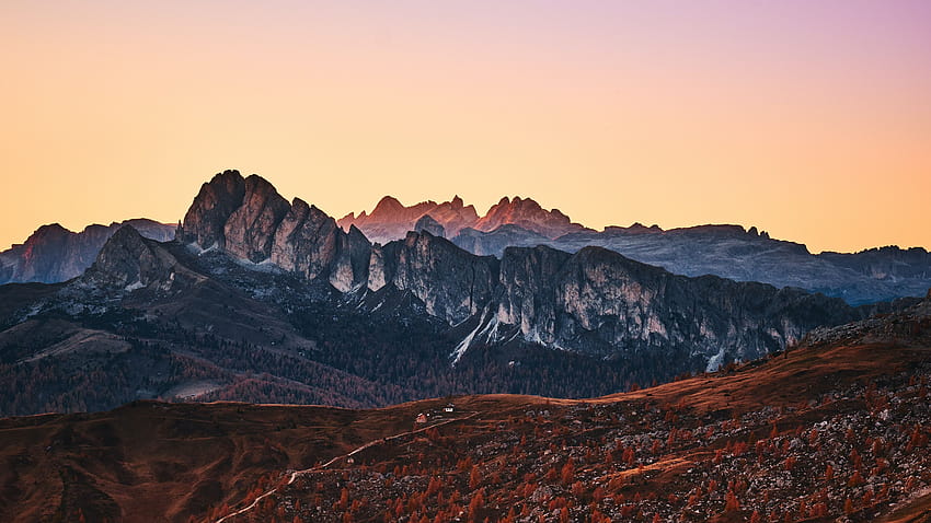 Giau Pass , Mountain range, Dolomites, Sunset, Landscape, Dawn, Italy, Nature HD wallpaper