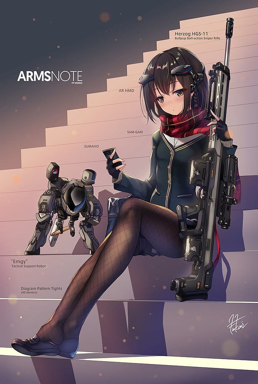 : аниме, аниме момичета, робот, оръжие, снайперска пушка, тактическа аниме момичешка нощ HD тапет за телефон