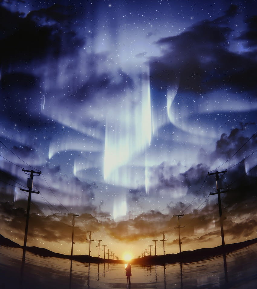 1920x2160 Anime Girl, Starry Sky, Aurora, Sunlight, Reflection, Scenic วอลล์เปเปอร์โทรศัพท์ HD