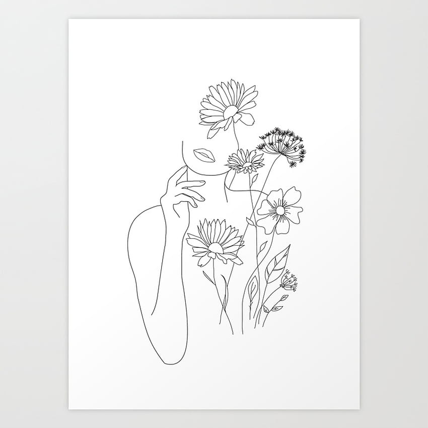Minimal Line Art Woman with Flowers III Art Print by Nadja, 여성 라인 꽃 HD 전화 배경 화면