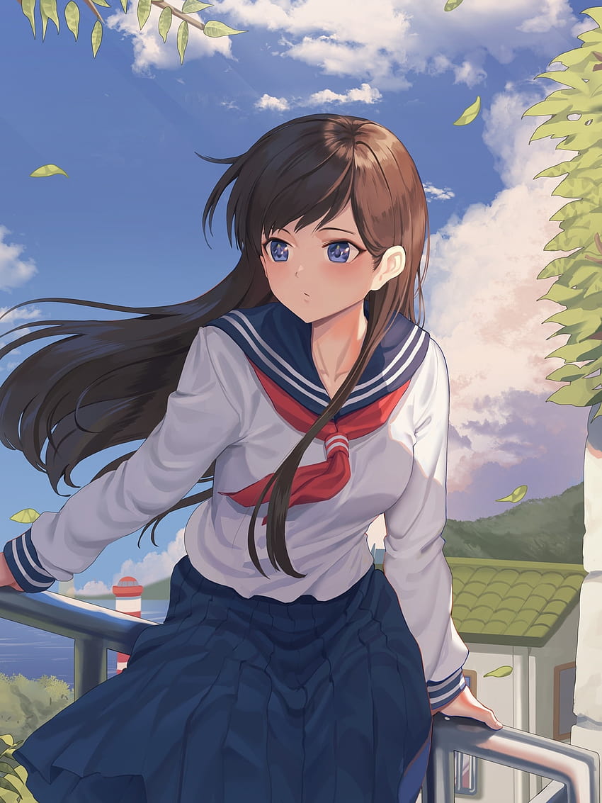Clouds, Brown Hair, Pretty Anime School Girl, School Uniform, academy girl  anime HD phone wallpaper | Pxfuel