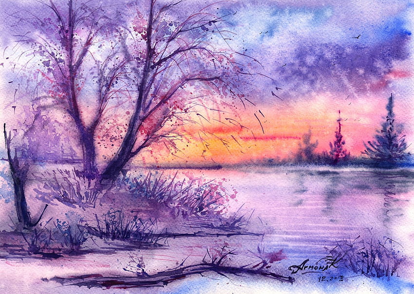 Painted landscape, watercolor, trees, river, winter, birds, painting ...