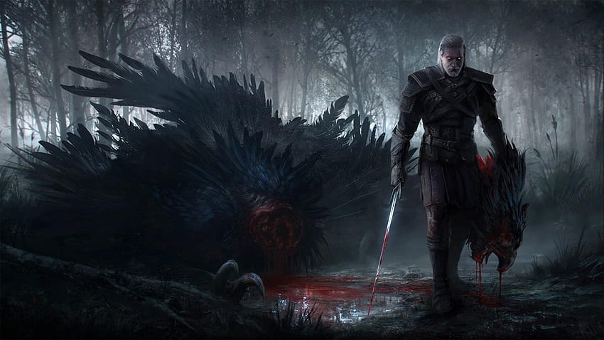 Geralt mit dem Kopf eines Monsters, aus The Witcher 3: Wildes, wildes Abenteuer HD-Hintergrundbild