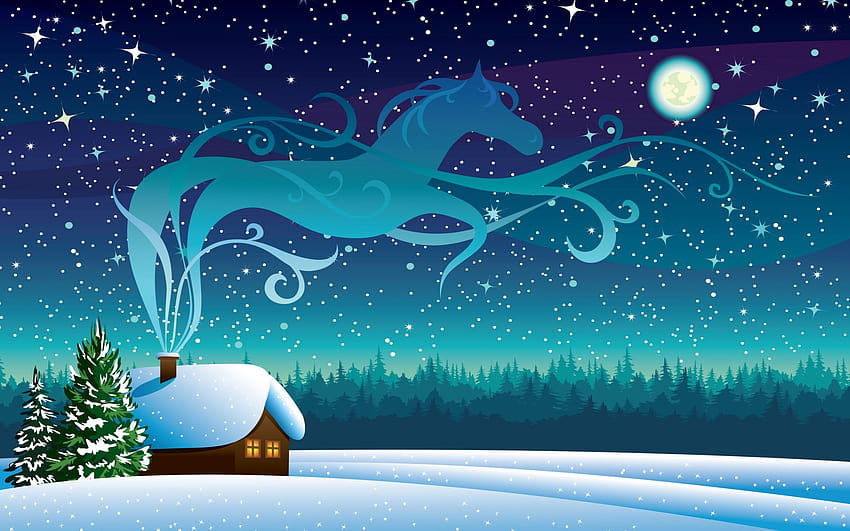 กระท่อมหิมะ กลางคืน ม้า ศิลปะเวกเตอร์ ต้นสน / และพื้นหลังมือถือ กระท่อมและต้นไม้ฤดูหนาว วอลล์เปเปอร์ HD
