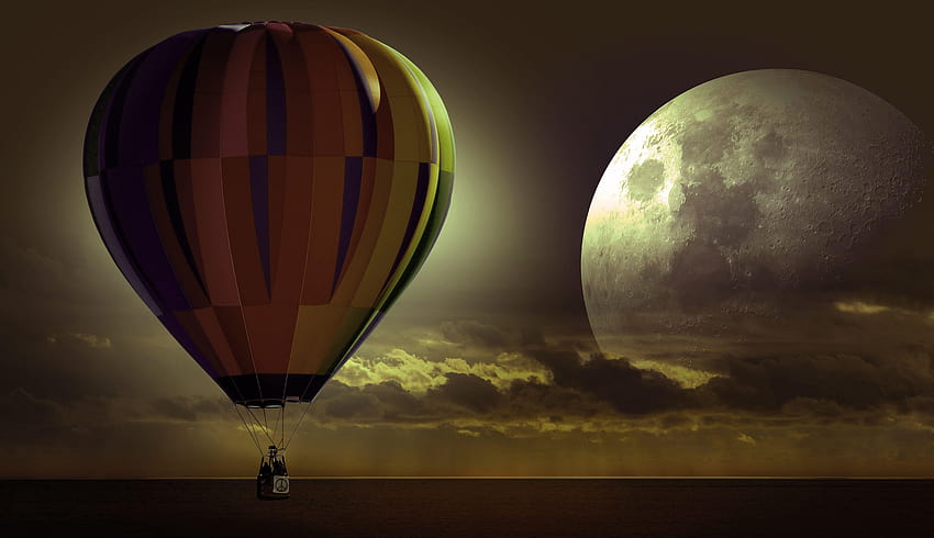 Mongolfiera In Alto Al Cielo Con La Luna Piena. Fantastico, palloncino lunare Sfondo HD