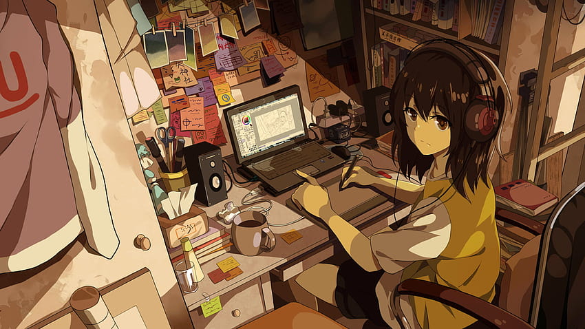 Female Anime Character Sitting On Chair Near Laptop Computer • For You, computer women HD wallpaper