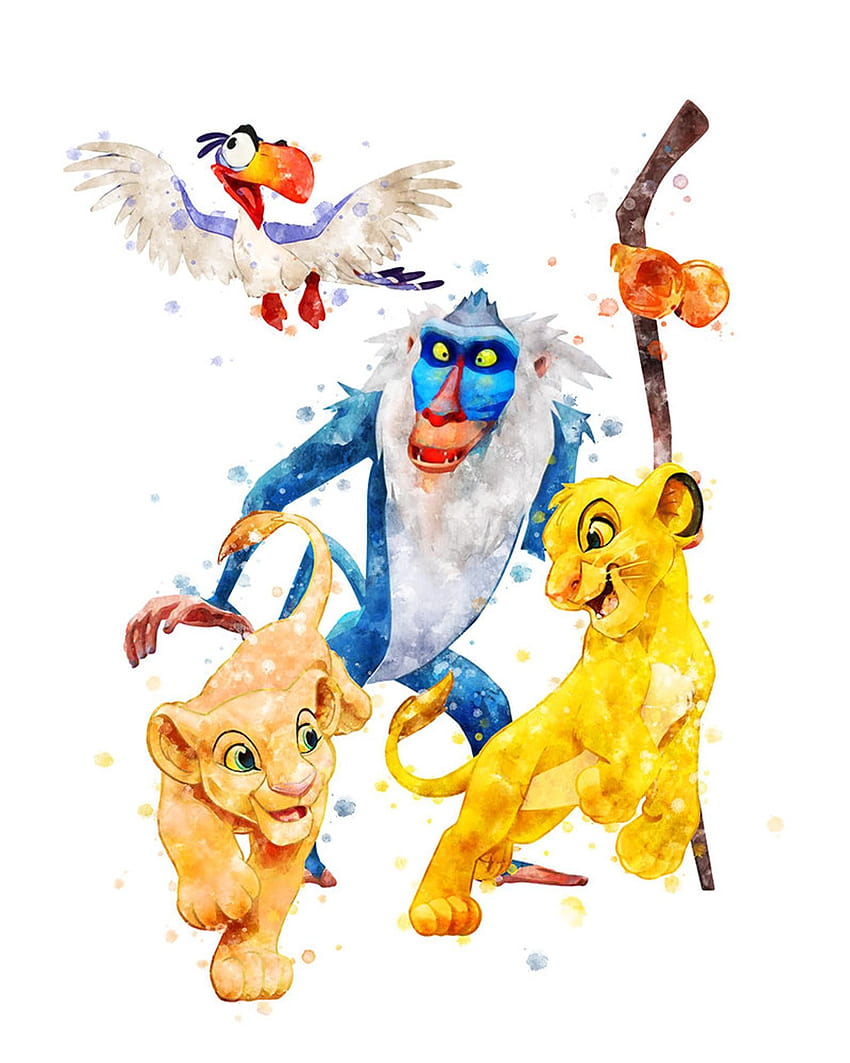 Akwarela Król Lew Simba Nala Rafiki Zazu Plakat do wydrukowania Tapeta na telefon HD