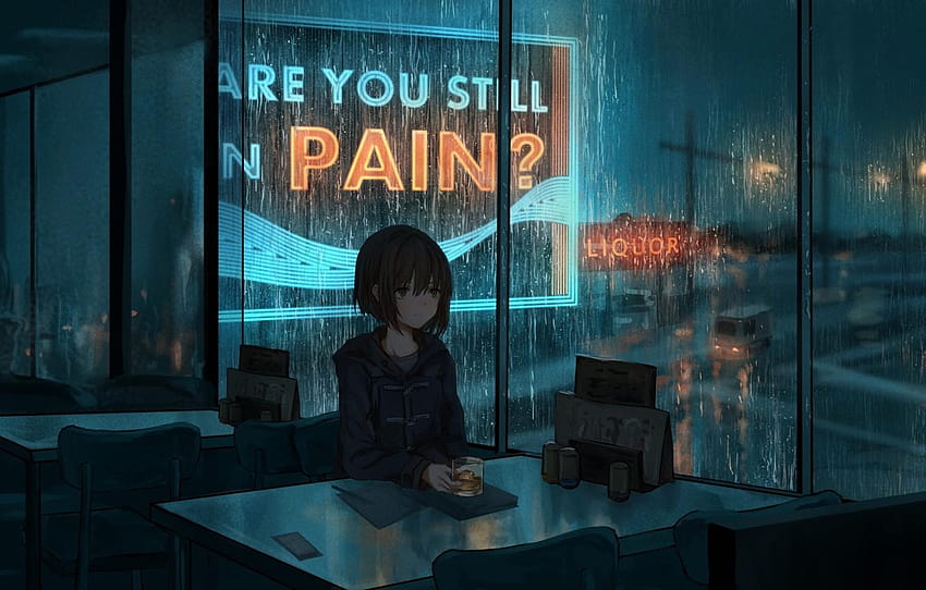 Nacht, Regen, Stimmung, Anime, Kunst, Café für, Anime regnen HD-Hintergrundbild