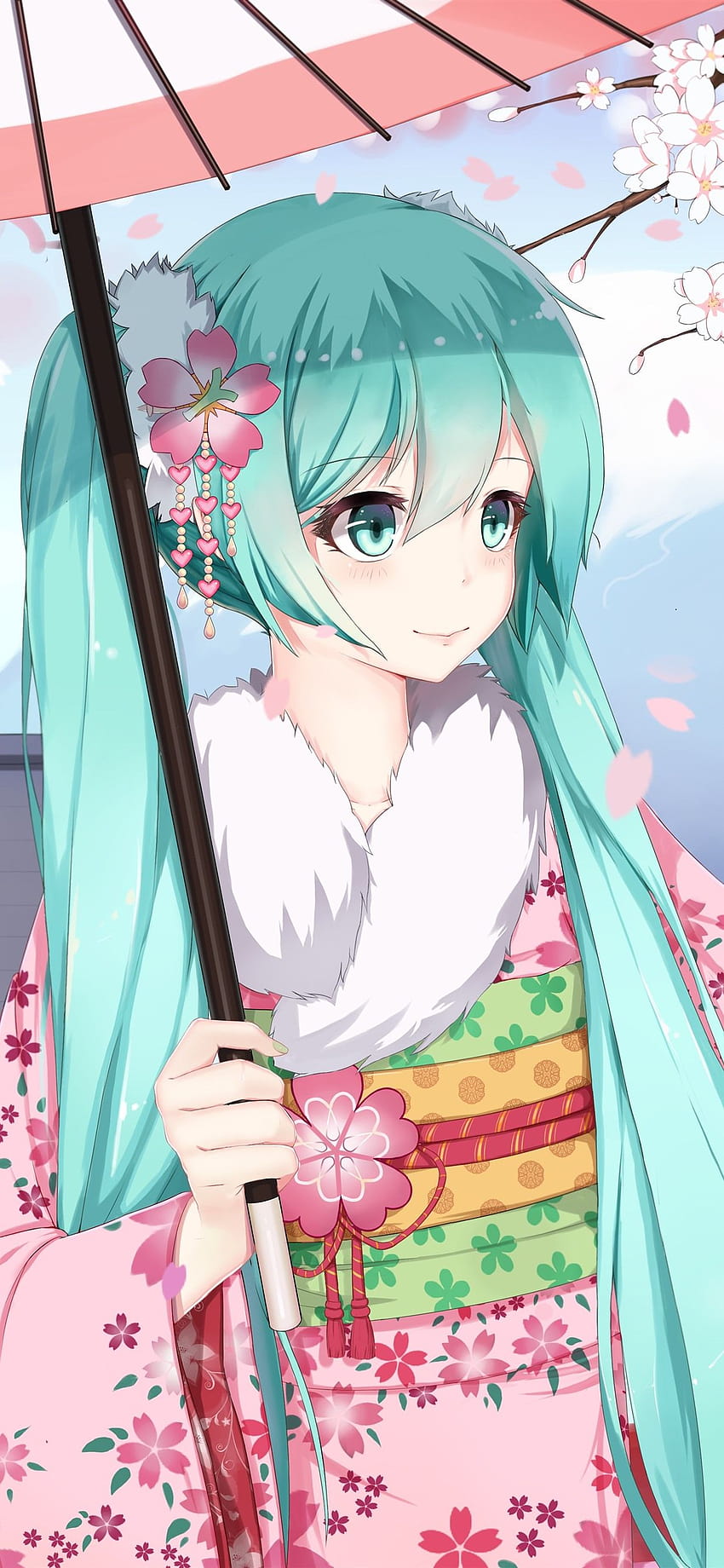 Hatsune Miku, chica anime de cabello azul, kimono, sakura 1242x2688, anime iphone 11 pro fondo de pantalla del teléfono