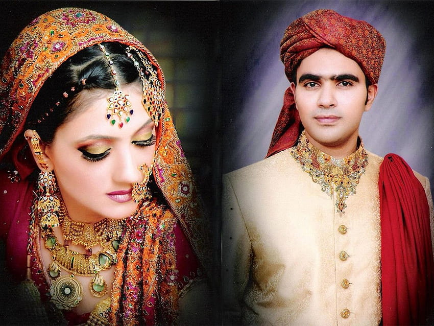 Beau couple pakistanais mariée Dulha Dulhan marié sur le mariage pour les arrière-plans, couple rajasthani Fond d'écran HD