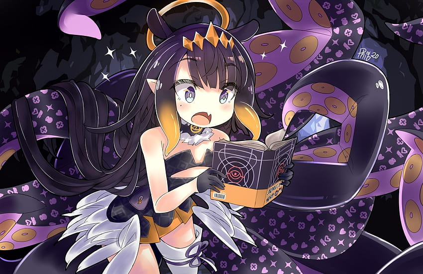 blush book dress fang flat chest gloves halo hololive long hair ninomae ina'nis phibonnachee pointed ears purple eyes purple hair signed tentacles thighhighs wings zettai ryouiki HD wallpaper
