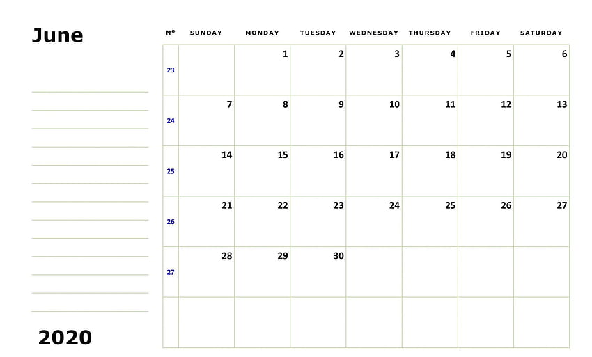 Kalender Juni 2020 Druckbare leere Vorlage PDF Word Excel, Kalender HD-Hintergrundbild