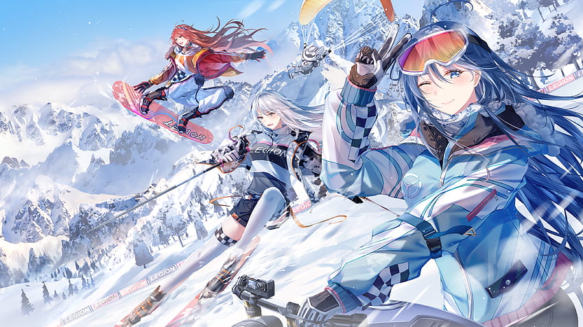 Esquí Invierno Anime Chicas Esquí Salto de esquí Anime Cadena de montaña White Hair fondo de pantalla
