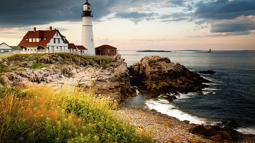 Portland Head Light, , Cape Elizabeth, Maine, USA, sea, ocean, water, rocks, sky, clouds, OS HD wallpaper