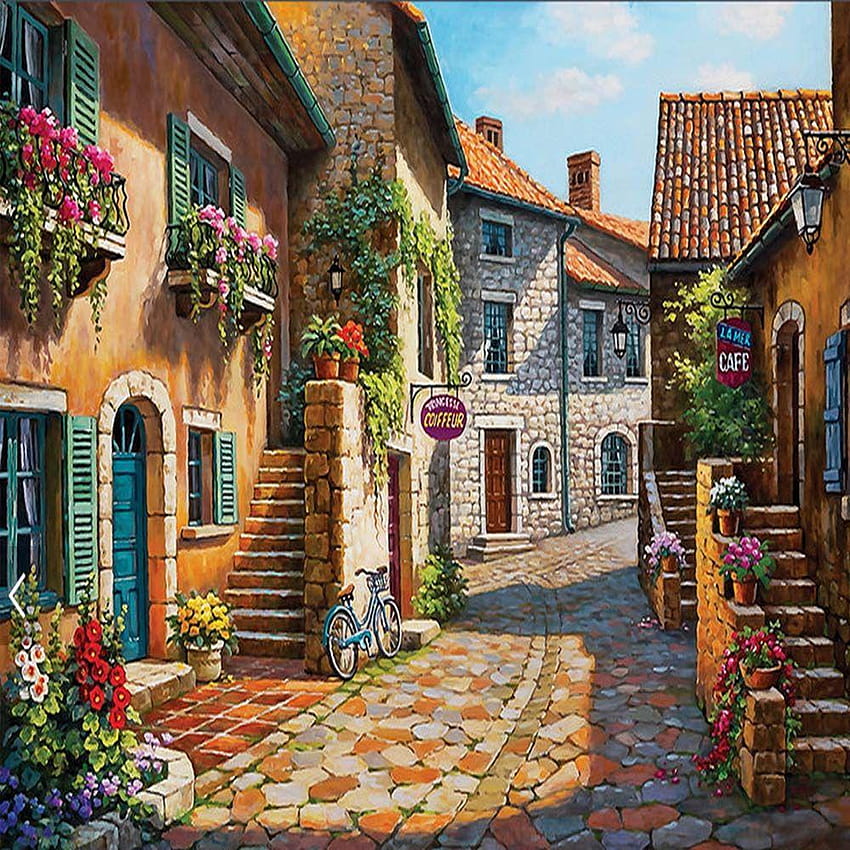 ค้นหาข้อมูลเพิ่มเติมเกี่ยวกับ European Small Town Painting, cobblestone village วอลล์เปเปอร์โทรศัพท์ HD