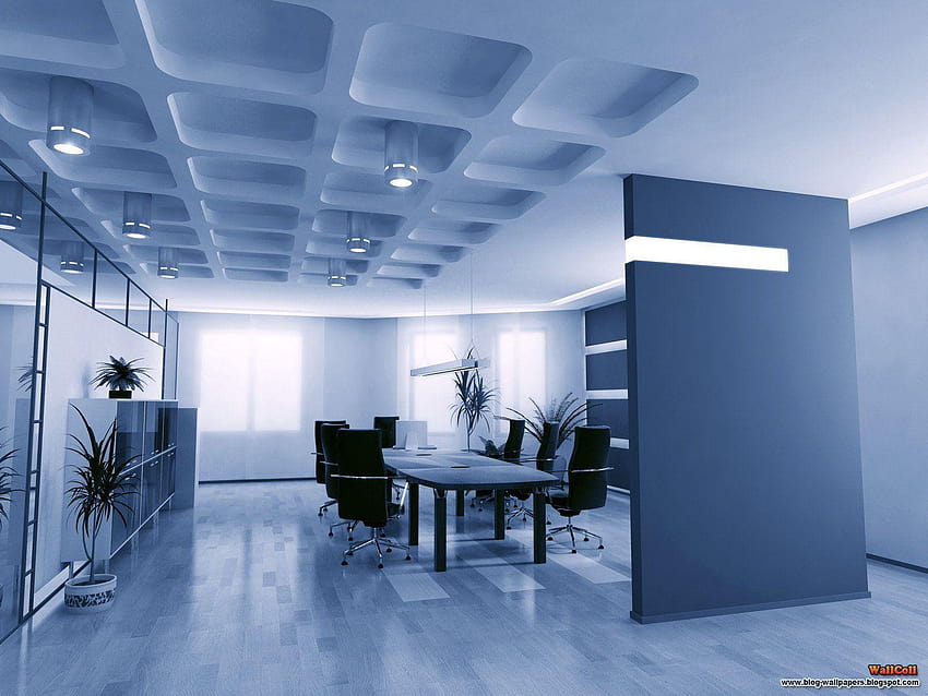 Интериорен офис дизайн в син нюанс с уникална част от тавана на ~ idolza, офис стая HD тапет