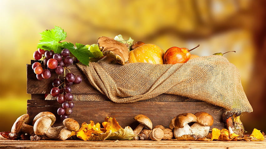 Grapes, mushrooms, pumpkin, pear, box, autumn 3840x2160 U , autumn fruits HD wallpaper