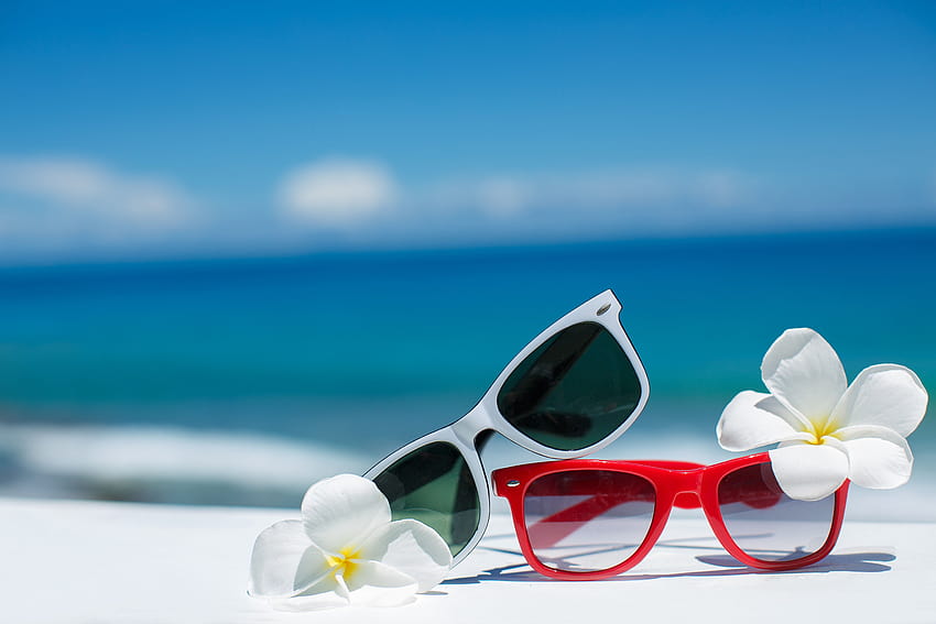 Beach Vacation Sunshine Sunglasses Sky Summer Sea Plumeria HD wallpaper