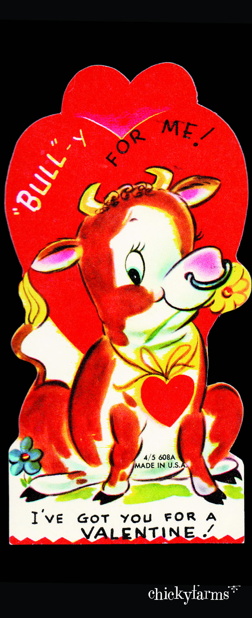 ANNÉES 1950 CUTE Big Eyed Cow BULL w Nez Anneau VINTAGE VALENTINES DAY CARD Voeux Fond d'écran de téléphone HD