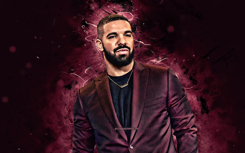 Drake, canadian rapper, purple neon ligns, music stars, Aubrey Drake Graham, creative, Drake with resolution 3840x2400. High Quality HD wallpaper