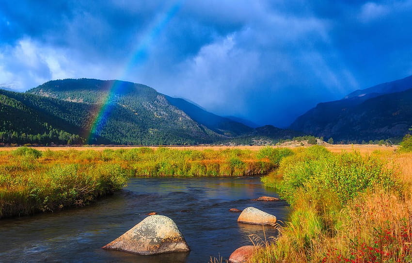mountains, stream, rainbow, Colorado, river, Colorado, rocky mountain watermill HD wallpaper