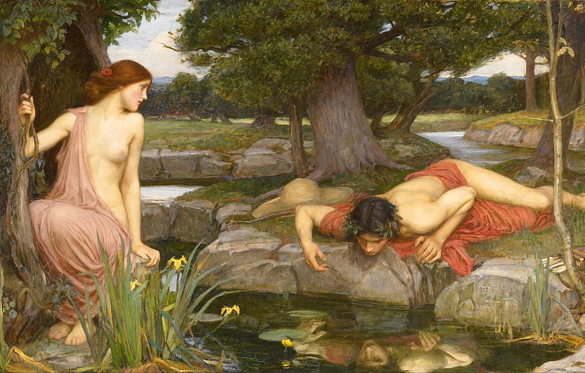 foresta, arte, John William Waterhouse, Echo and Narcissus , sezione живопись Sfondo HD