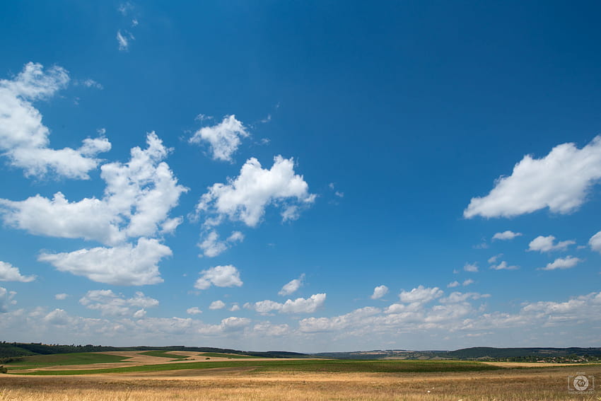 Campos de campo y s de cielo azul, cielo azul y carretera fondo de pantalla