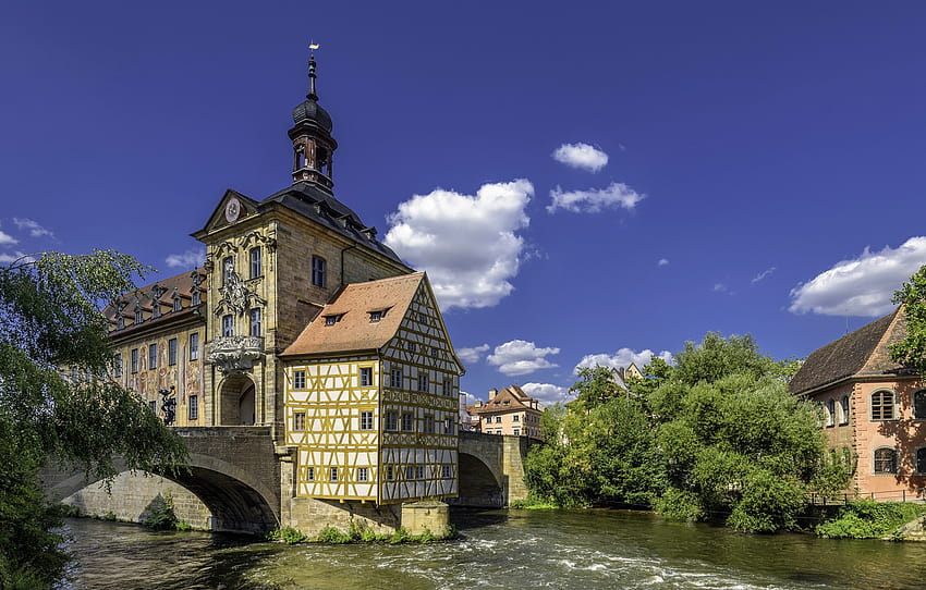 橋、川、ドイツ、バンベルク、市庁舎、セクション город、 高画質の壁紙