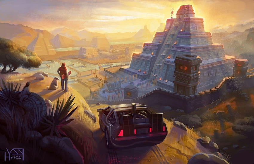 artwork fantasy art back to the future delorean pyramid movies mayan, delorean back to the future HD wallpaper