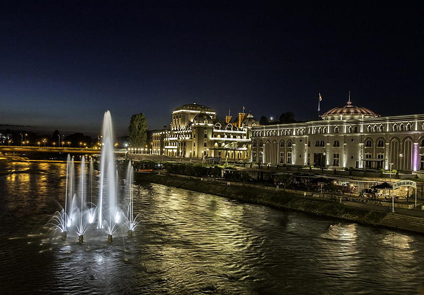 Fountains Skopje Macedonia night time Cities Houses HD wallpaper