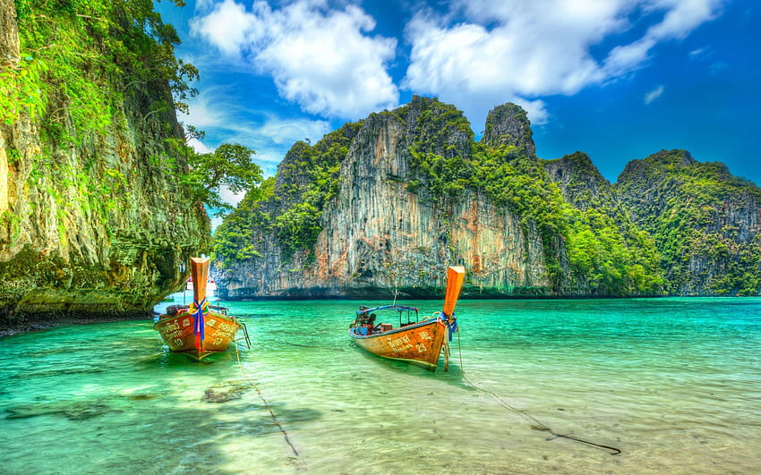 Maya Bay Ko Phi Phi Leh na Tailândia Barco exótico, praia de phi phi papel de parede HD