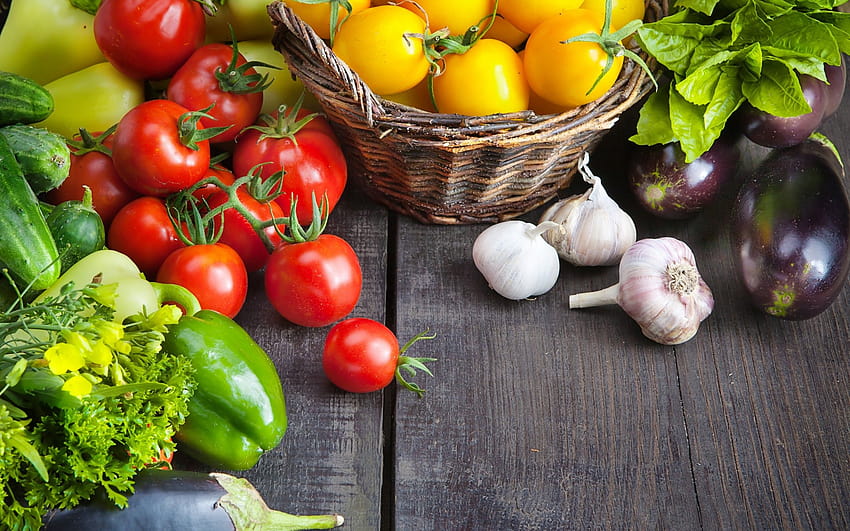 : colorful, food, tomatoes, wooden surface, vegetables, baskets, fruit, eggplant, produce, land plant, flowering plant, vegetable, potato and tomato genus 2560x1600 HD wallpaper